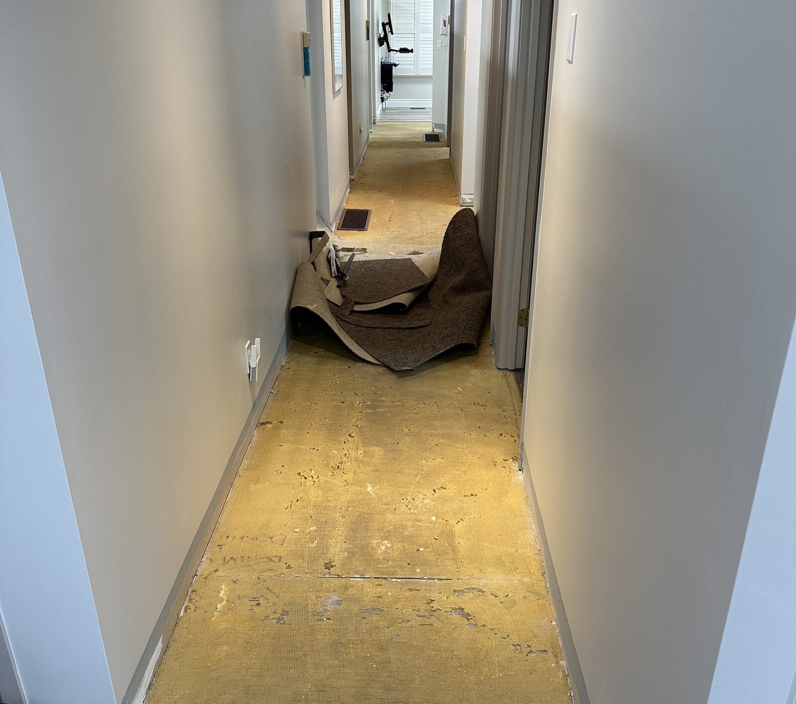 Old carpet pulled up and a new subfloor going in to level the transition.