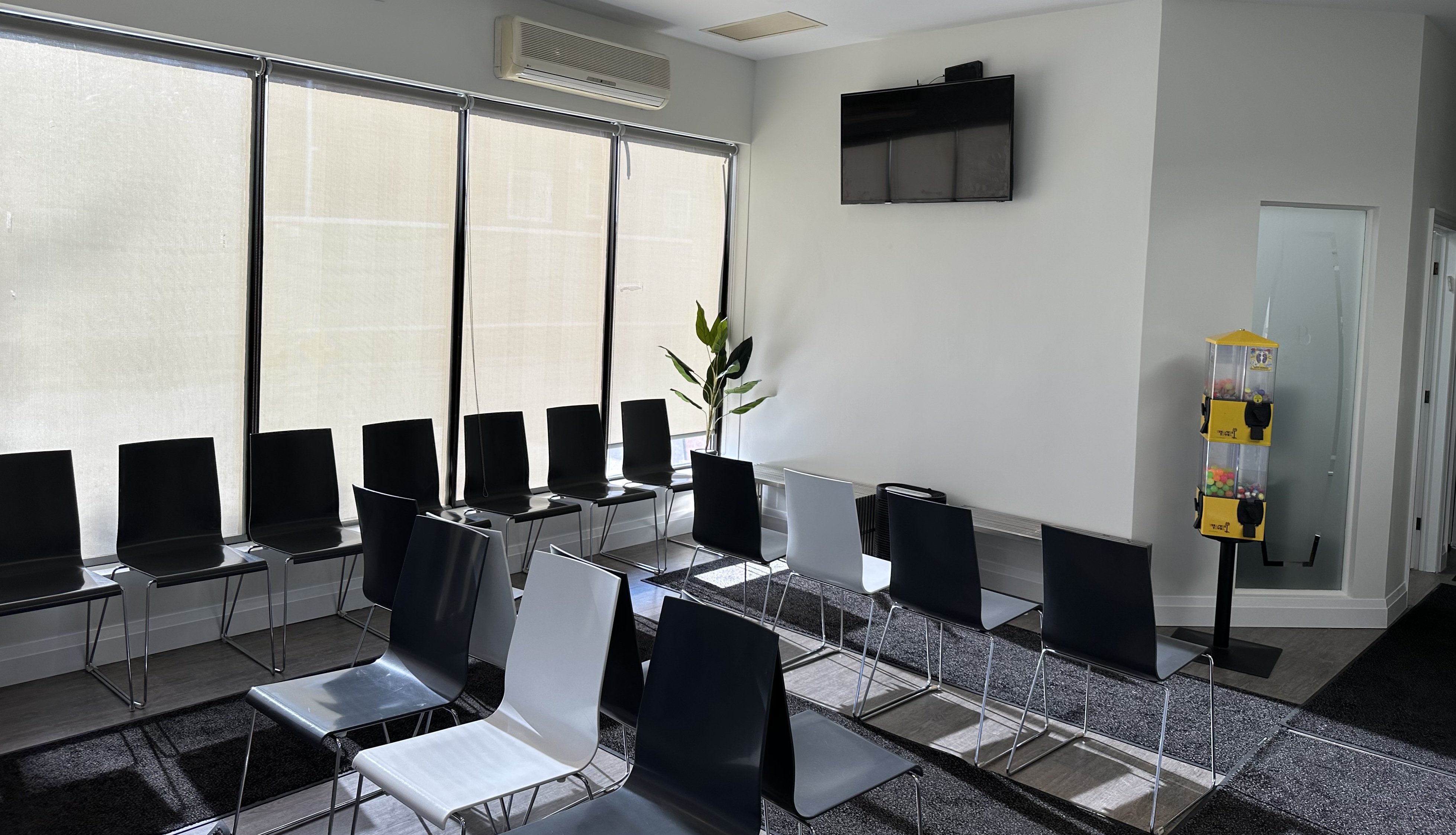The refreshed waiting room with freshly painted walls and bright natural light.
