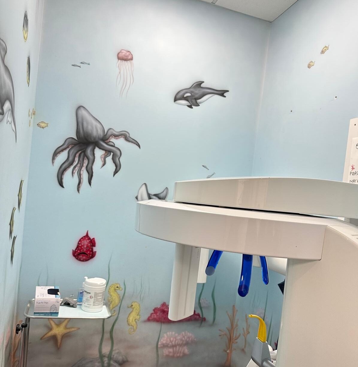 An operatory before, with an old under-the-sea wall mural.