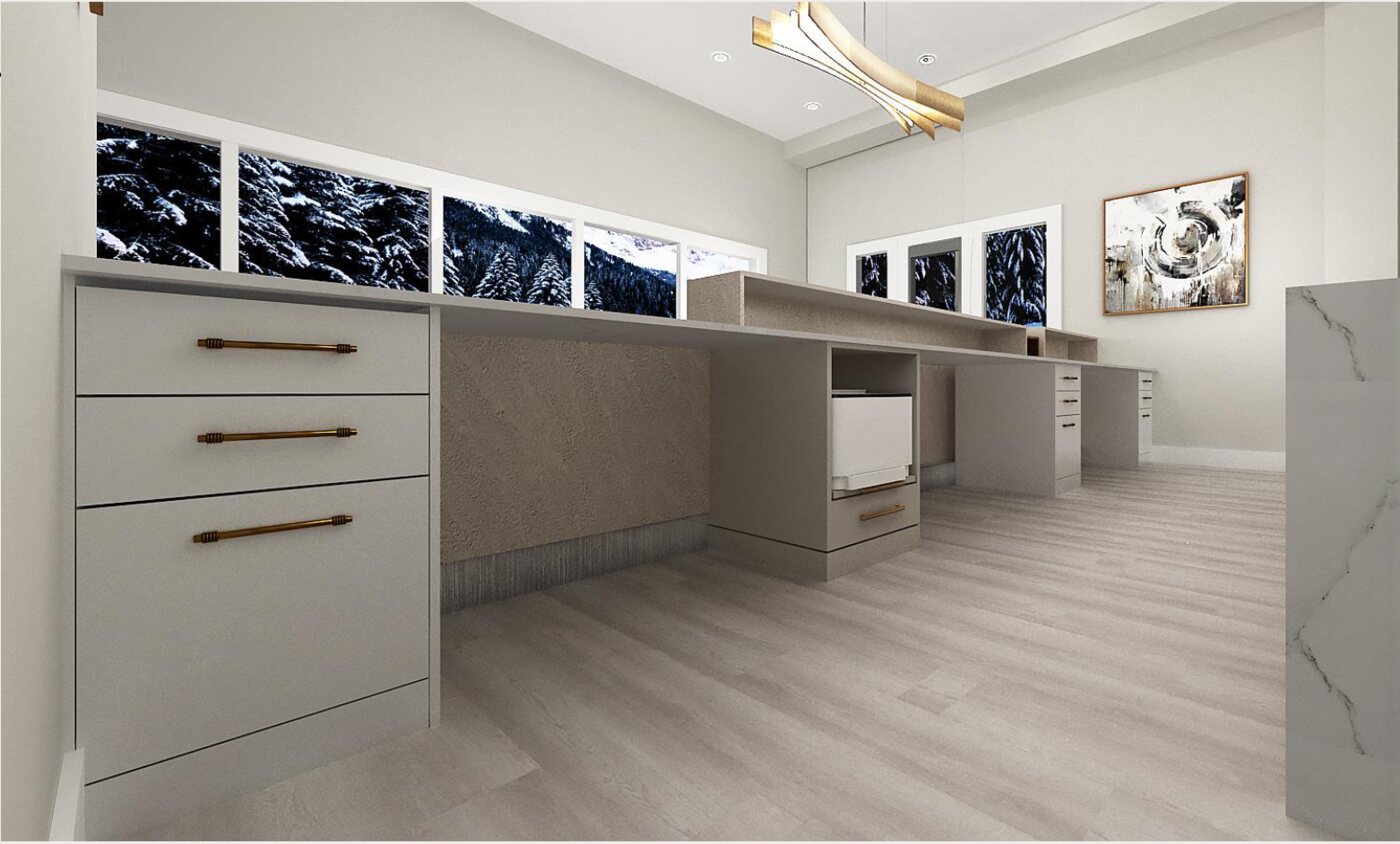 Reception and administration millwork concept — quartz counters and brass detailing