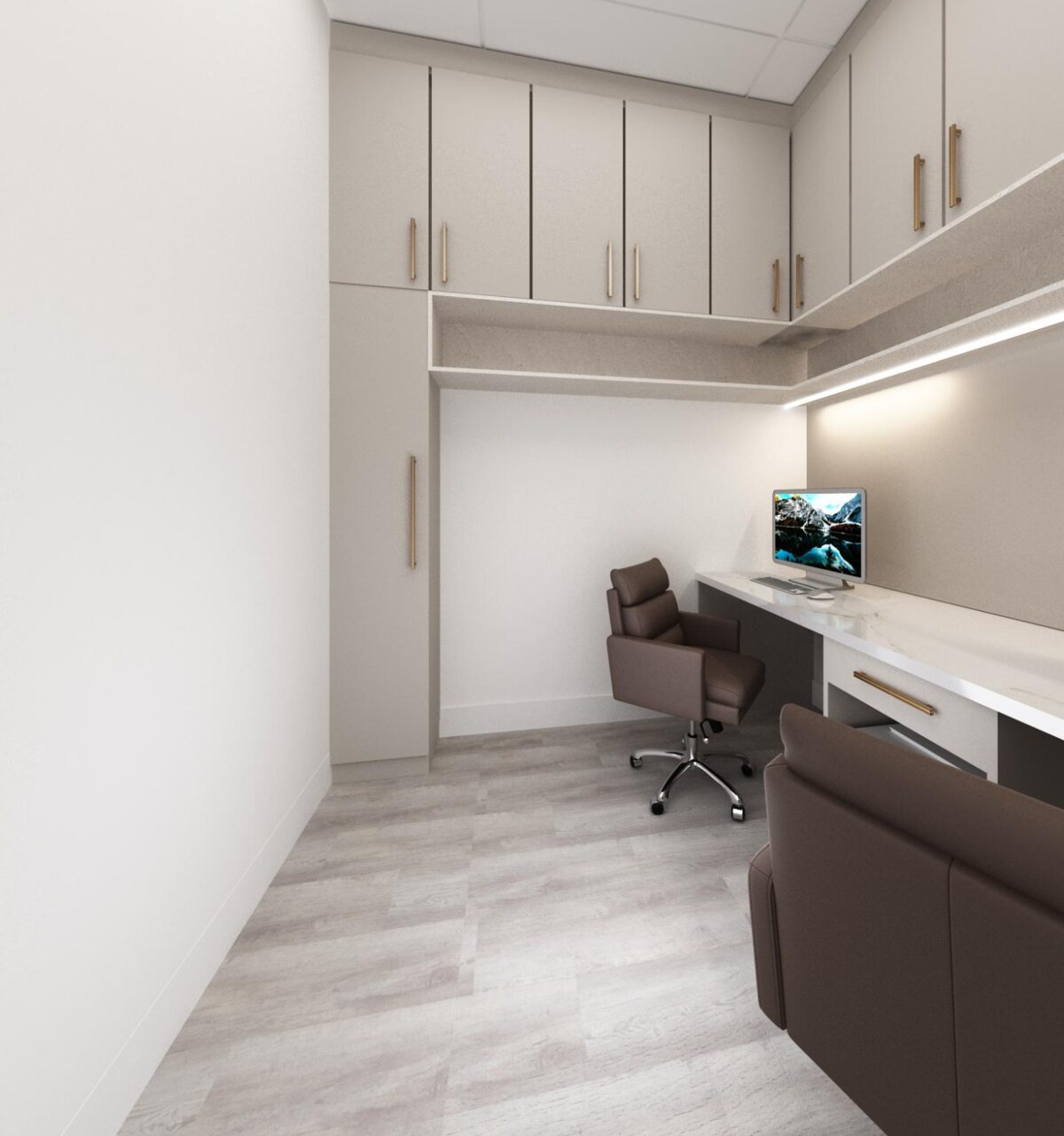 Manager office concept — built-in cabinetry, quartz desk, and cove lighting